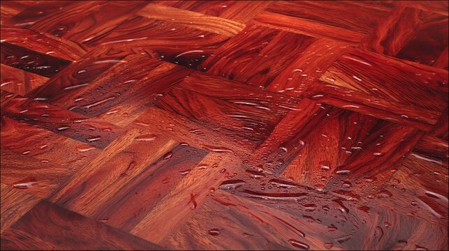 Richly toned wood surface displaying intricate parquet pattern, reflecting light and presenting a luxurious, warm aesthetic