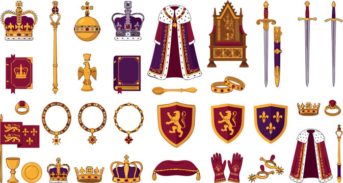 Royal Coronation and Medieval Monarchy Regalia Vector Icon Set Featuring Crowns Throne Swords Shields Robes and King Queen Majesty Imperial Symbols
