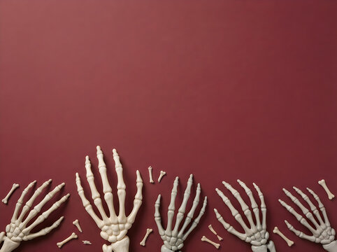Multiple human skeleton hands arranged in a row against a dark red background for a spooky halloween theme