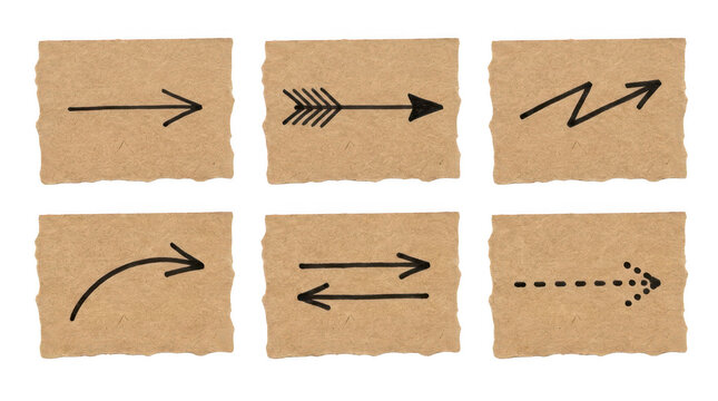 Set of six handdrawn arrows on textured brown paper scraps isolated on transparent background
