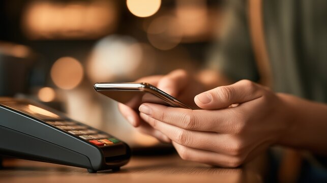 Hands holding smartphone making contactless mobile payment at store checkout counter, modern retail transaction concept.
