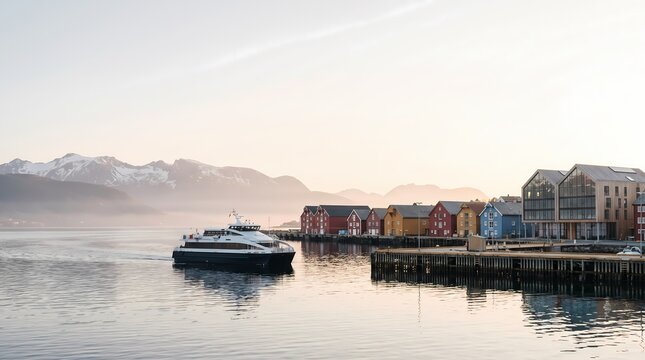 Passenger ferry arriving at scenic coastal harbor town beneath misty mountains