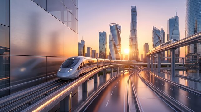 Modern futuristic high-speed train traveling through a city at sunset