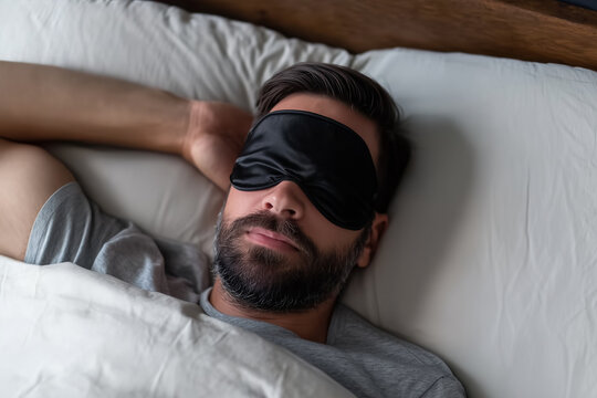 Man sleeping peacefully in bed wearing a black sleep mask at home