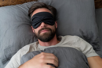 Obraz premium Man sleeping peacefully in bed wearing a black sleep mask at home