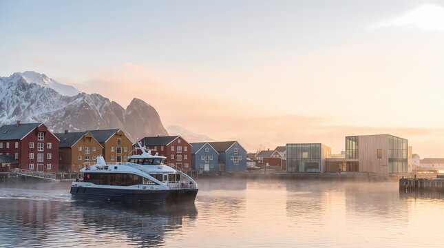 Scenic Winter Waterfront Village with Colorful Houses and Boat at Sunset