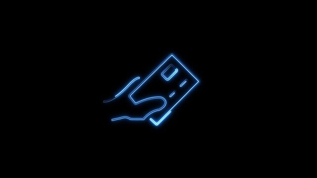 Glowing blue neon icon animation showing a hand holding a credit card on a dark background, representing digital payment, banking, and commerce concepts.