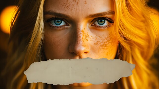 Portrait of woman with blue eyes and blank torn paper banner for beauty concept