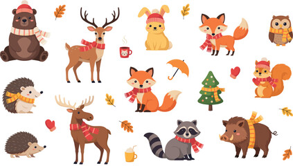 Obraz premium Cute autumn forest animals vector illustration set featuring deer fox bear raccoon and squirrel isolated on white background