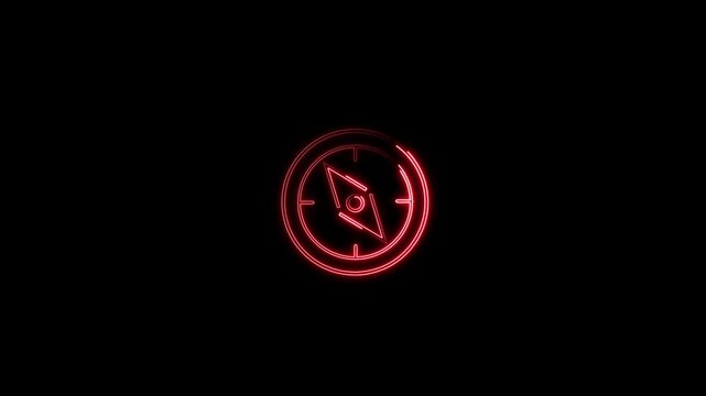 Glowing red neon line animation depicting a classic compass dial and needle on a dark background, representing travel direction, orientation, and goals.