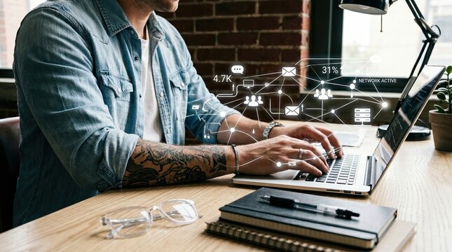Hands typing on laptop, remote work, productivity and digital workflow concept.