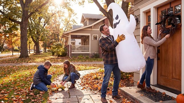 Happy family decorating front porch with inflatable ghost and pumpkins in autumn yard for halloween preparation