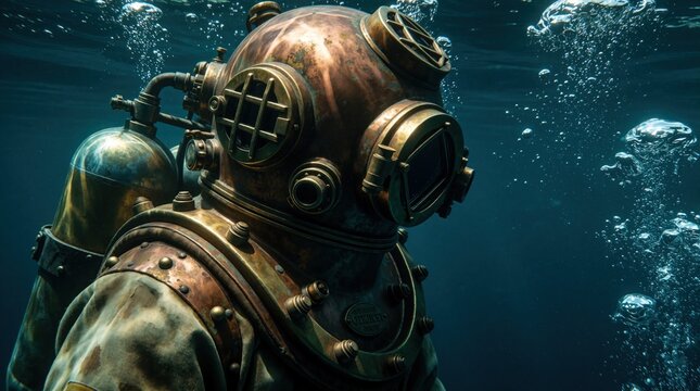 Vintage deep sea diver helmet submerges in ocean depths. Antique brass diving gear, retro aqualung equipment, old exploration suit, bubbles rise from submerged explorer.