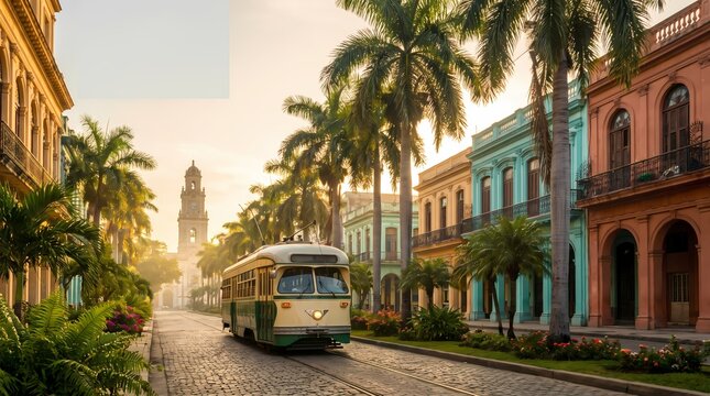 Vintage streetcar traveling down a cobblestone road lined with palm trees and colorful buildings