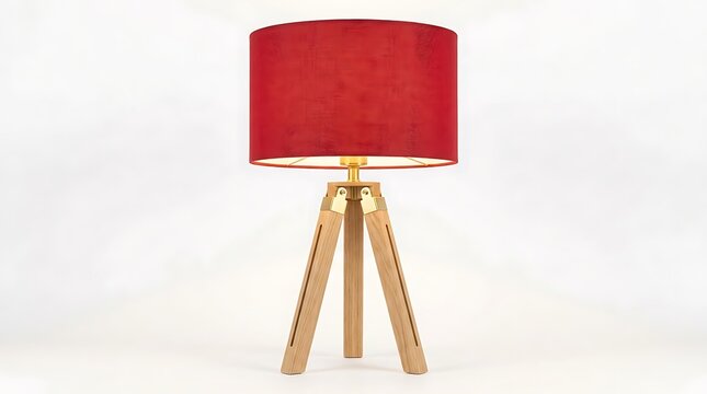 Modern wooden tripod table lamp with a red fabric shade against a white background modern lighting desk lamp interior decor lighting fixture home decor interior design bedroom lighting