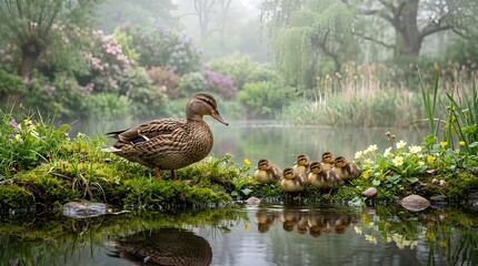 Fototapeta premium Duck and Ducklings Swimming on a Peaceful Lake with Natural Water Reflections in a Scenic Wildlife Pond Setting