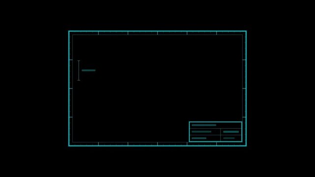 Abstract animated blueprint border stamp holding drawn as cool blue-white lines and shapes on a deep dark background. Seamless looping 4K motion graphics video with free space for text, ideal for titl