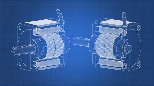 ACSM Servo Motor - Cutaway, Cross Section. Blue Darwing. 3D rendering isolated on blue background. 3D Mesh, Sketch, Vector style. Ideal for educational, engineering, and industrial d