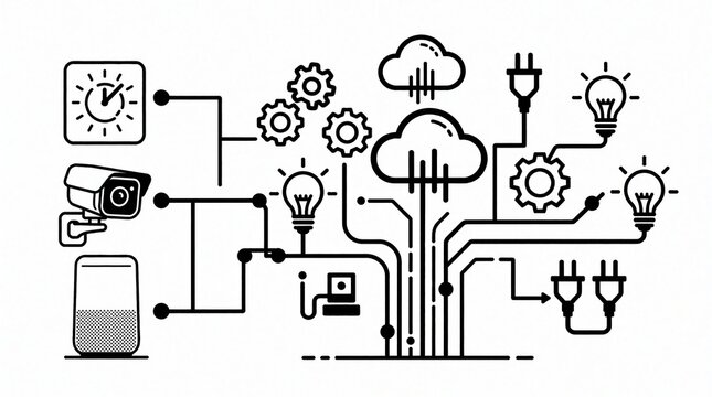 Smart home tech diagram shows connectivity between devices. Icons for security camera, smart speaker, clock, light bulbs connect to cloud via lines. Gear, plug symbols represent automation, power