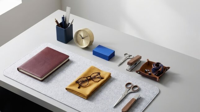 Organized Desk Accessories: A neatly arranged collection of office supplies including a notebook, eyeglasses, scissors, a stapler, an inkwell, a clock, and a pen holder rests on a desk.