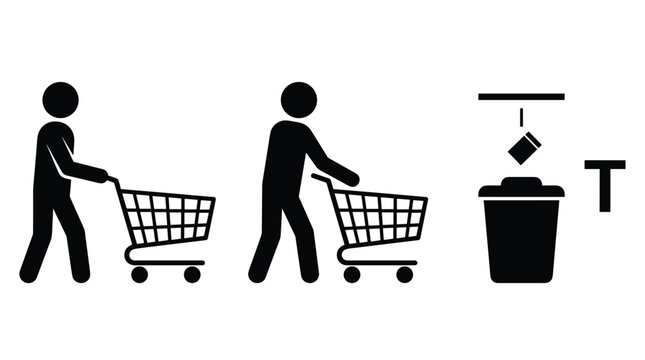 Simple black shopping icons showing person pushing cart and waste management disposal bin