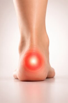 Close-up of a human foot with a highlighted area on the heel indicating pain or discomfort against a neutral background