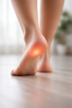 Close-up view of a bare foot showing a red glowing area on the heel, suggesting discomfort, with a softly lit indoor environment in the background