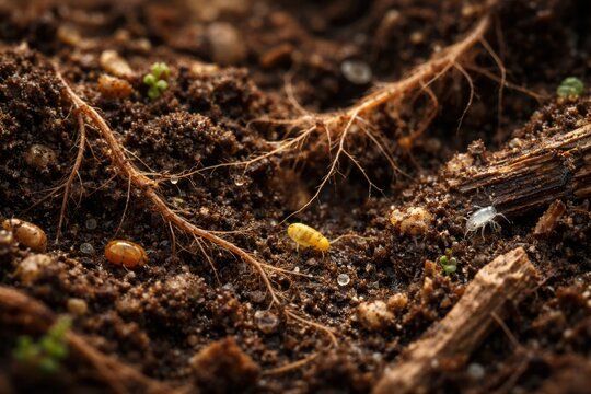 Detailed view of soil featuring roots, small insects, and organic debris, highlighting the complexity of the underground ecosystem