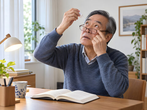 Older Asian man applying artificial tears after pausing from reading because of irritated eyelids