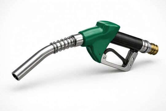 Green fuel dispensing nozzle with a metallic spout and textured grip, designed for use at gas stations to deliver gasoline to vehicles