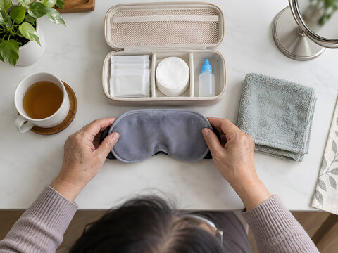Older Asian hands arranging a simple blepharitis home care kit on a clean tabletop