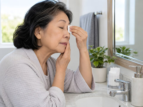 Older Asian woman cleaning eyelid margins with a sterile wipe for blepharitis self care