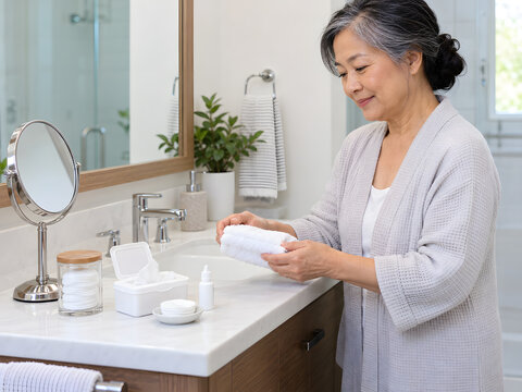 Older Asian woman preparing a daily blepharitis eyelid care routine at a bathroom sink