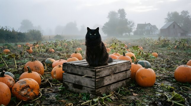 Black cat sitting on a wooden crate in a foggy pumpkin patch
