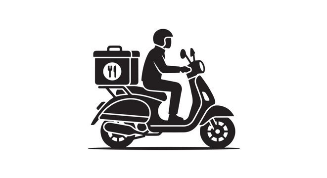 Food Delivery Courier on Scooter Silhouette, Express Food Delivery Service Vector Icon