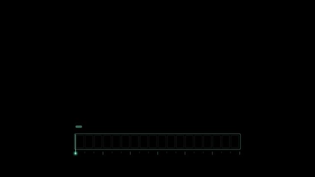 Abstract animated countdown segment bar cells drawn as green and teal lines and shapes on a deep dark background. Seamless looping 4K motion graphics video with free space for text, ideal for title se