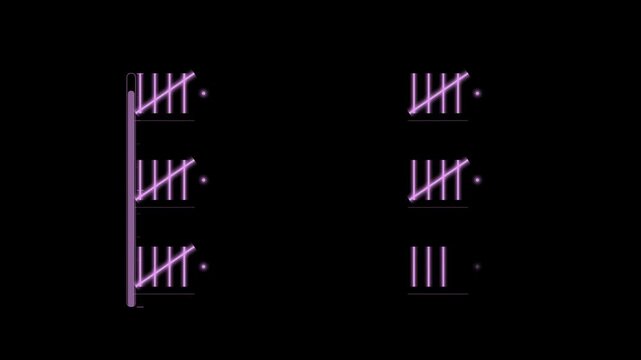 Abstract animated tally mark counter strokes drawn as violet and blue lines and shapes on a deep dark background. Seamless looping 4K motion graphics video with free space for text, ideal for title se
