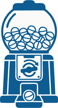 Retro gashapon capsule toy machine vector illustration, blue line art gumball vending dispenser isolated icon on white background