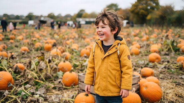 A happy young boy wearing a yellow jacket laughing while standing in a pumpkin patch during autumn
