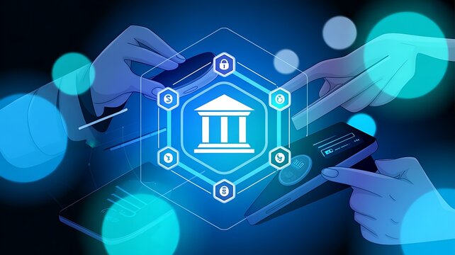 Futuristic concept of banking and finance with digital technology and secure transactions. A stylized bank building icon is at the center.