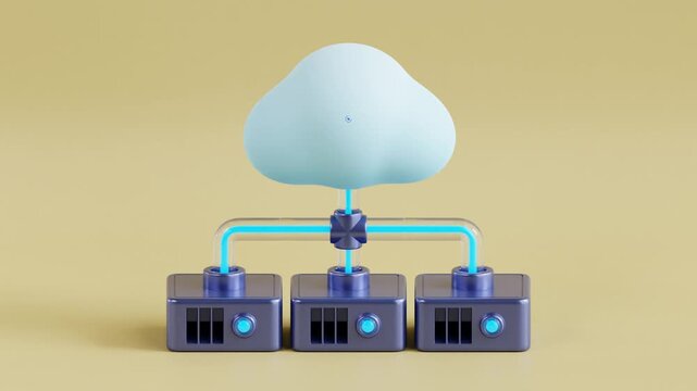 3D cloud server network transferring files and data through glowing pipes in seamless loop, clean 3D motion graphic animation on minimalist background, ideal for cloud technology, smart ai technology.