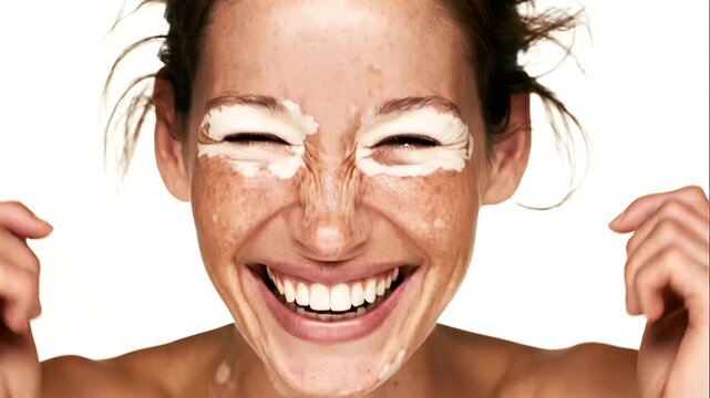 female portrait showing symmetrical white pigment patches across the eyelids and upper cheeks, laughing with closed eyes, localized vitiligo, facial pigment loss,