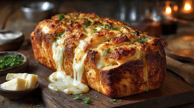 Garlic cheesy bread, golden brown crust, herbs sprinkled generously, sits invitingly on rustic wooden cutting board