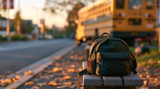 School backpack on bench near yellow bus at autumn curb