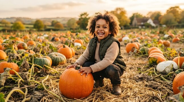 Happy child crouching in a pumpkin patch during a beautiful autumn day