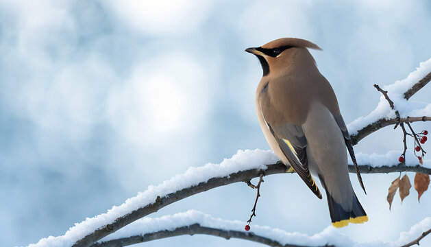 Bohemian Waxwing bird perched on a snow covered branch in winter nature scenery