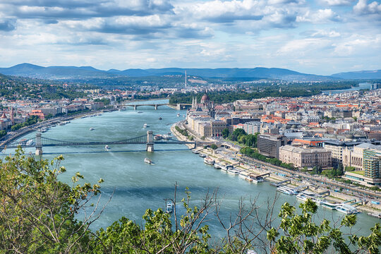 Panoramic View of Budapest Danube River and Bridges