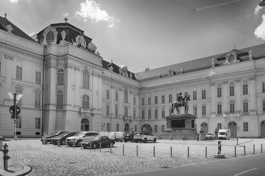Austrian National Library Building and Equestrian Statue in Vienna, Austria