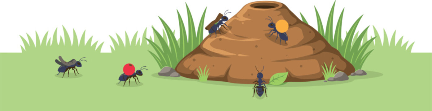 Ants working at anthill vector illustration featuring small black insects carrying food in a green grass field nature background