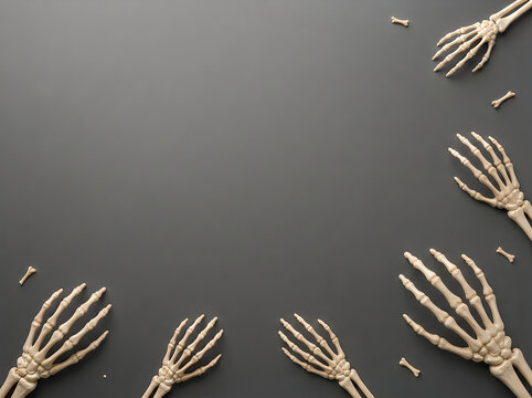 Multiple human skeleton hands arranged in a circular pattern on a dark black background for halloween themed decorations